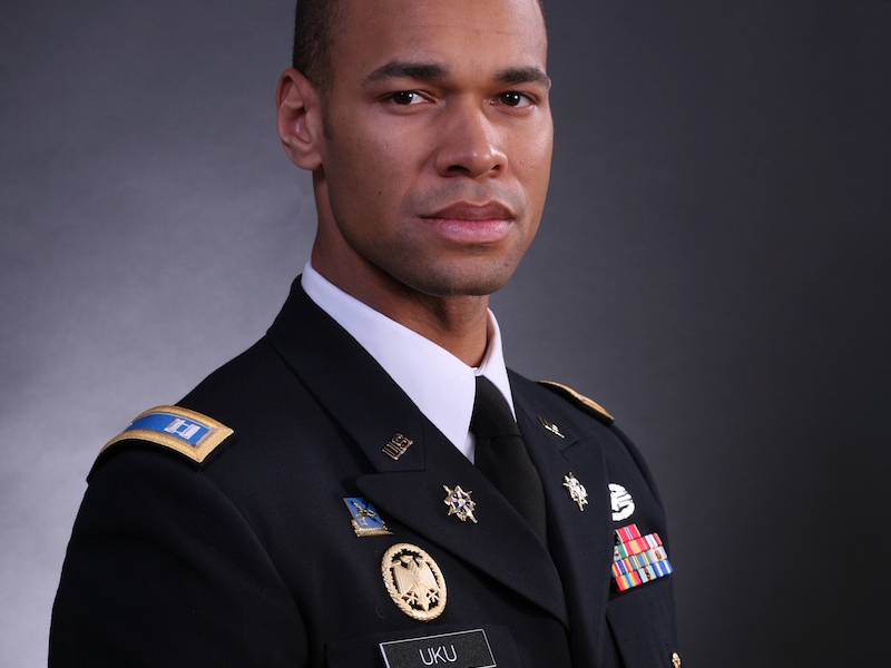 Photo of CPT Uku in U.S. Army Dress Blue uniform